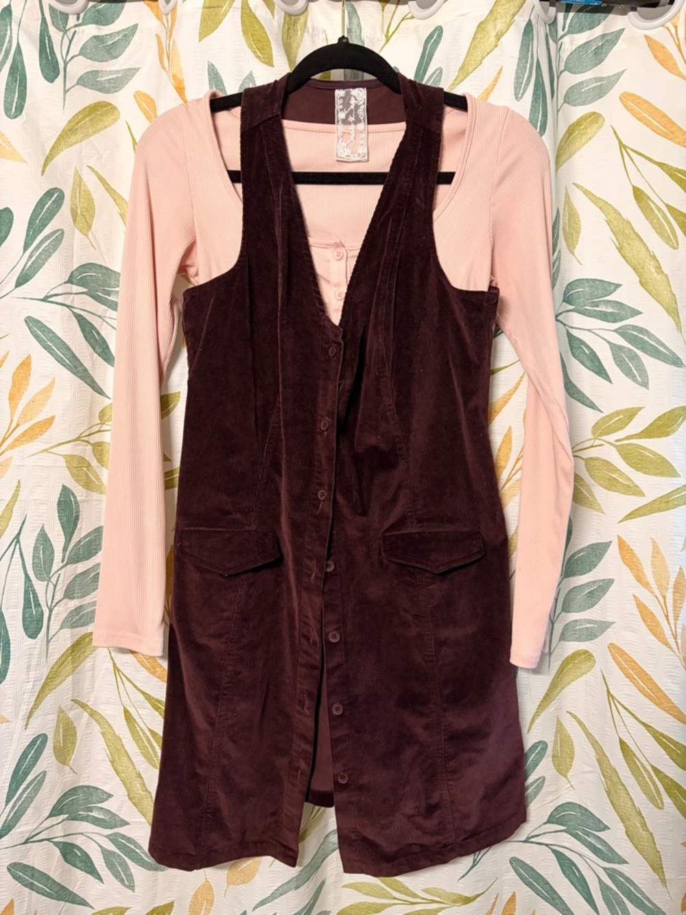 Sadie & Sage Burgundy Corduroy Overall Mini Dress with Pale Pink Top
